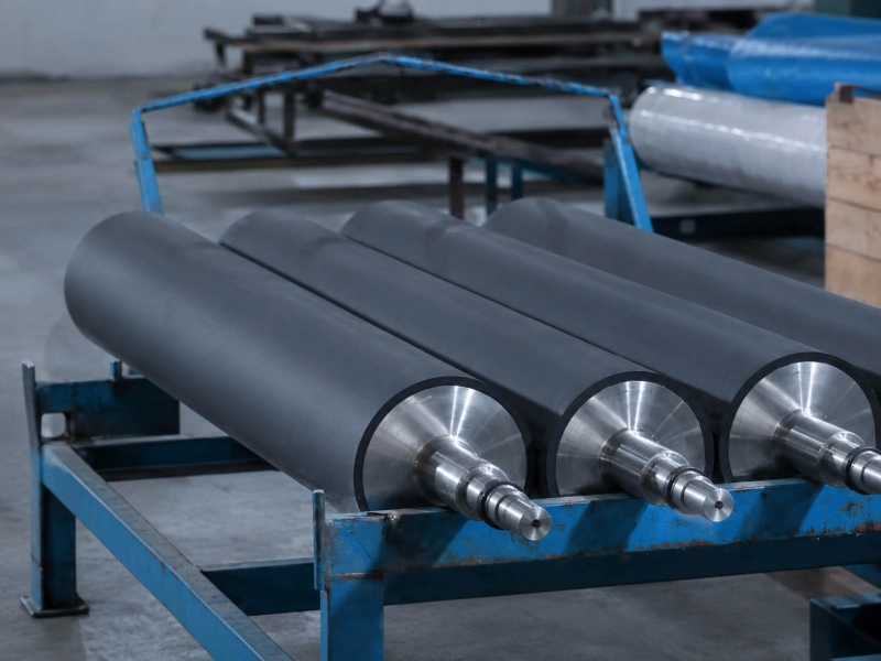 Black rubber glue transfer rollers arranged on a factory stand