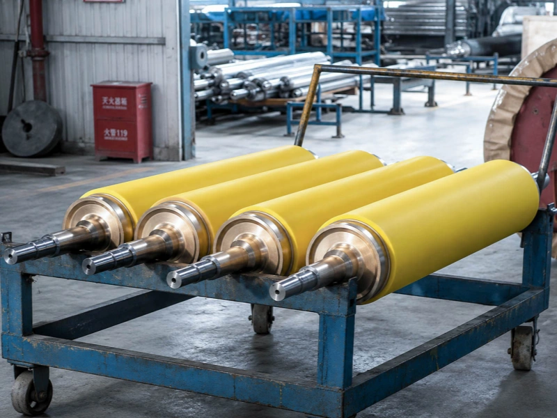 Custom yellow polyurethane rubber rollers on a factory transport cart