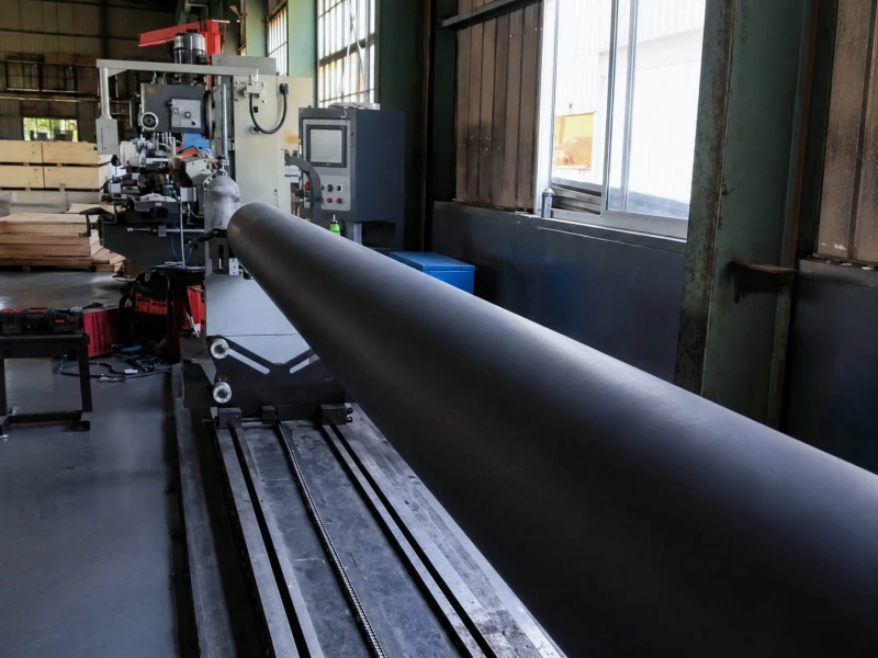 Black FKM rubber roller being finished on a factory machine