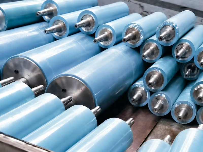 Blue NBR rubber rollers with machined steel shafts