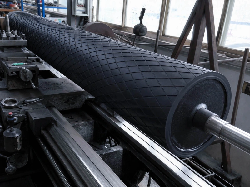 Large black cross-hatched grooved rubber roller mounted on an industrial lathe