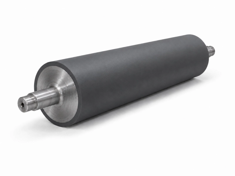 Black EPDM rubber roller with machined steel shafts on white background