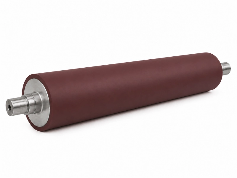 Dark red FKM rubber roller with machined steel shafts on white background
