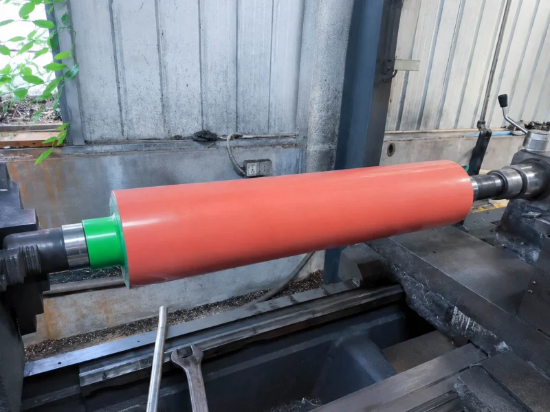 Orange FKM rubber roller mounted on a factory lathe