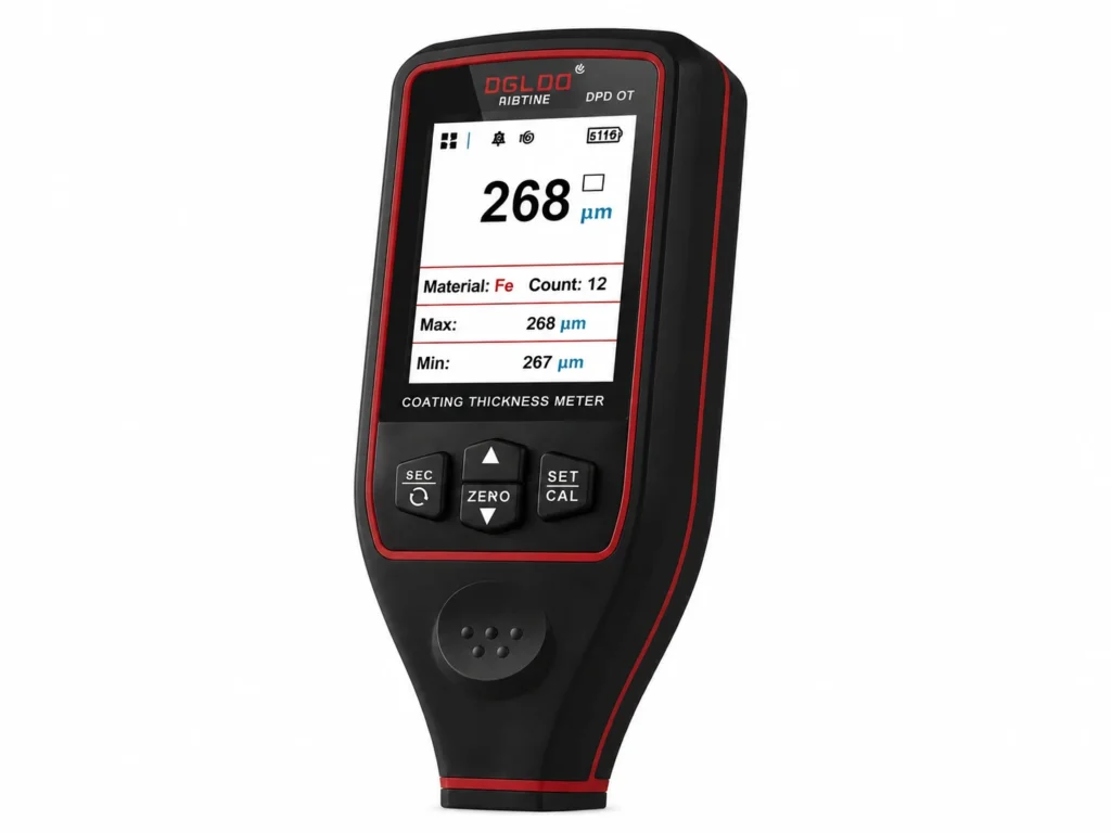 handheld coating thickness meter showing a 268 µm measurement