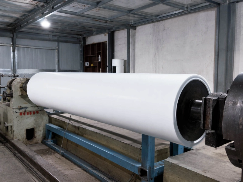 Large white liquid silicone rubber roller mounted on a lathe for precision machining