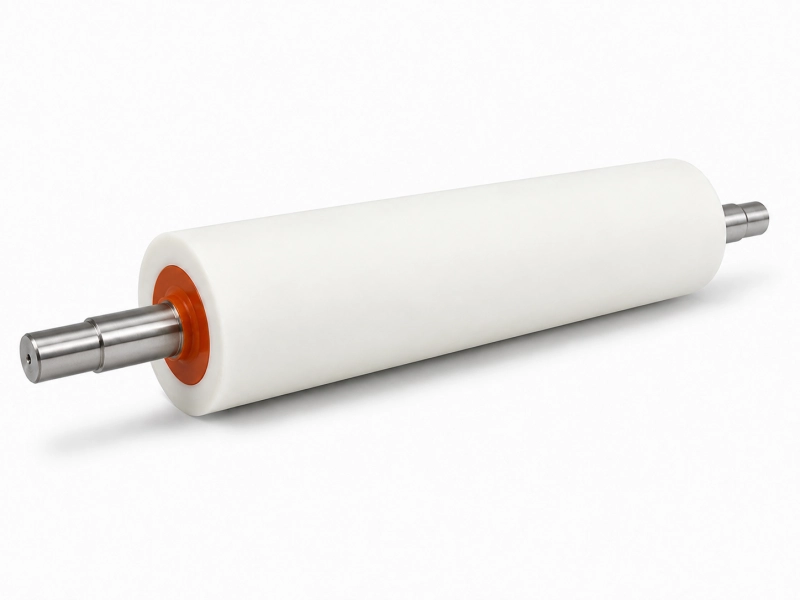 White liquid silicone rubber roller with orange end cap and steel shafts