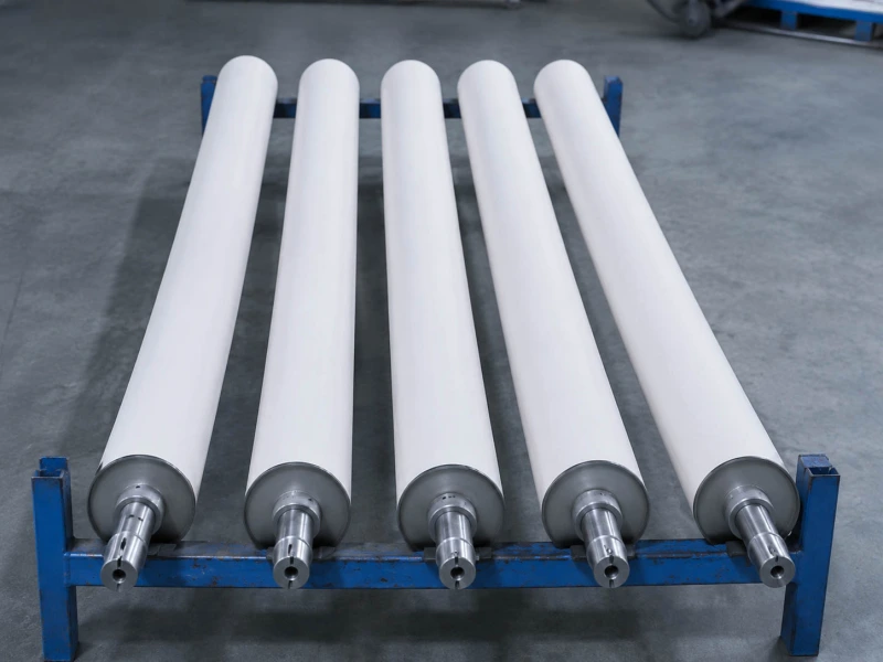 Five long white rubber rollers arranged on a blue factory storage rack