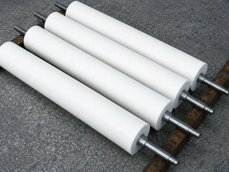 White natural rubber rollers with machined steel shafts