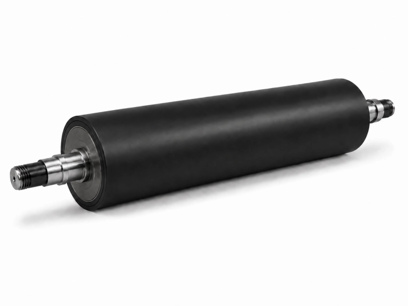 Black neoprene CR rubber roller with machined steel shafts on white background
