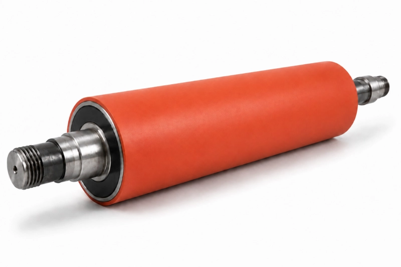 Orange rubber roller with machined steel shafts on white background