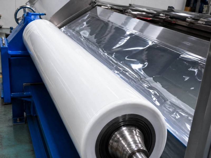 Transparent plastic film running over a white industrial roller