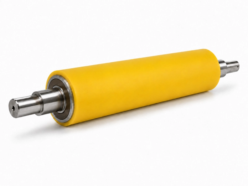 Yellow polyurethane rubber roller with machined steel shafts on white background