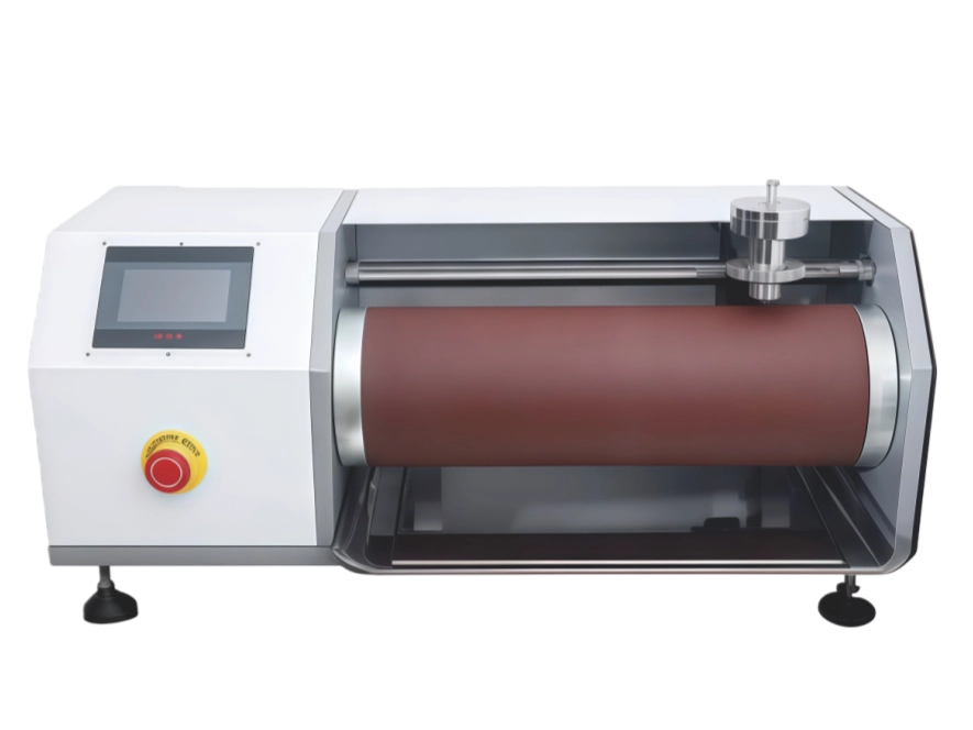 Rubber abrasion testing machine for evaluating roller surface wear resistance