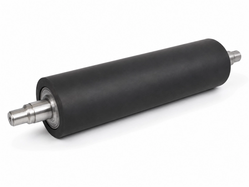 Black SBR rubber roller with machined steel shafts on white background