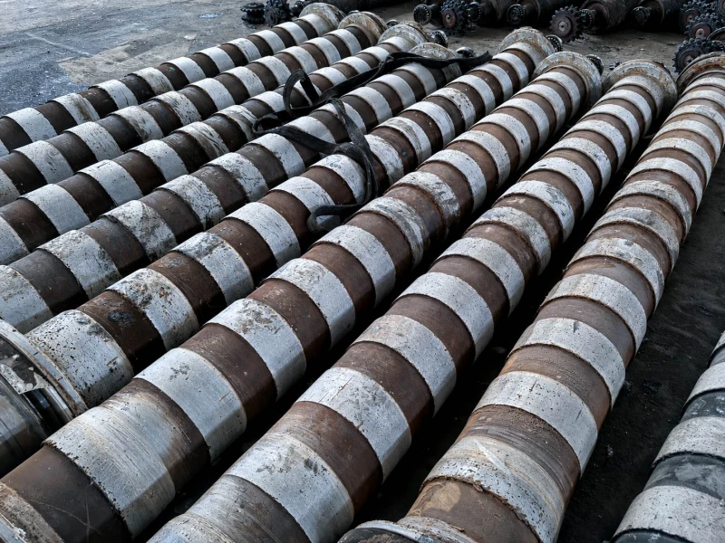 Rows of used segmented rollers for acid spray pickling line service