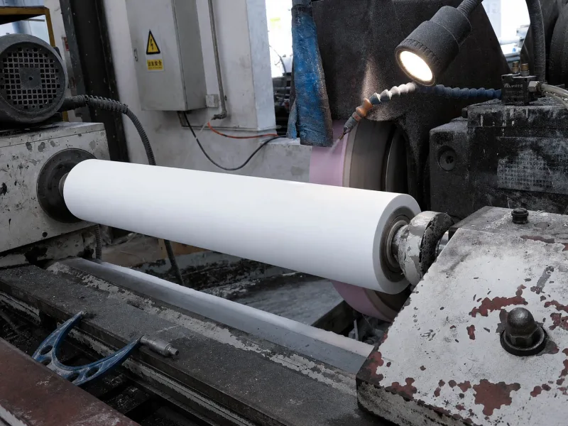 White silicone rubber roller being ground on a factory machine