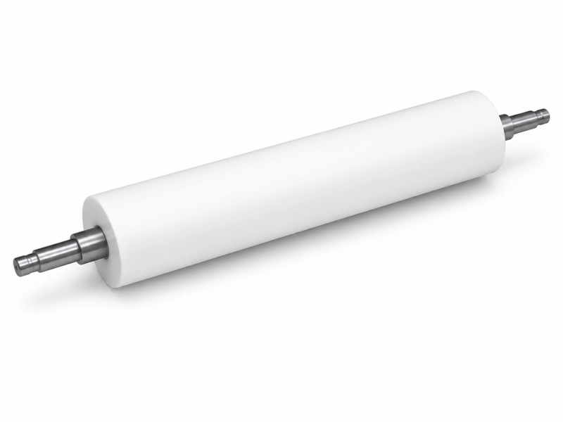 Green solid silicone rubber roller with machined steel shafts on white background