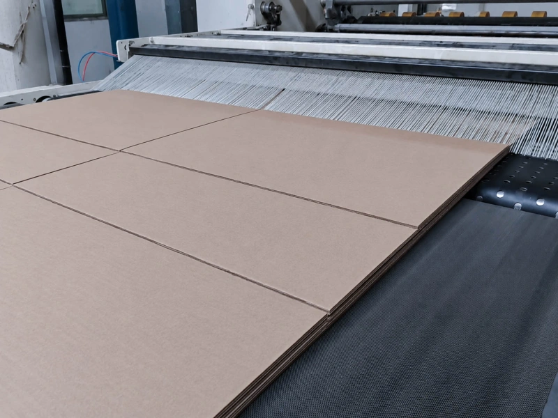 Stacked cardboard sheets moving through a cardboard production line