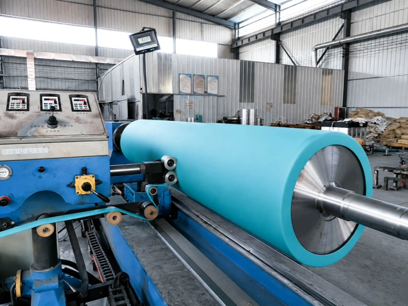 Large turquoise Hypalon rubber roller being processed on a production machine