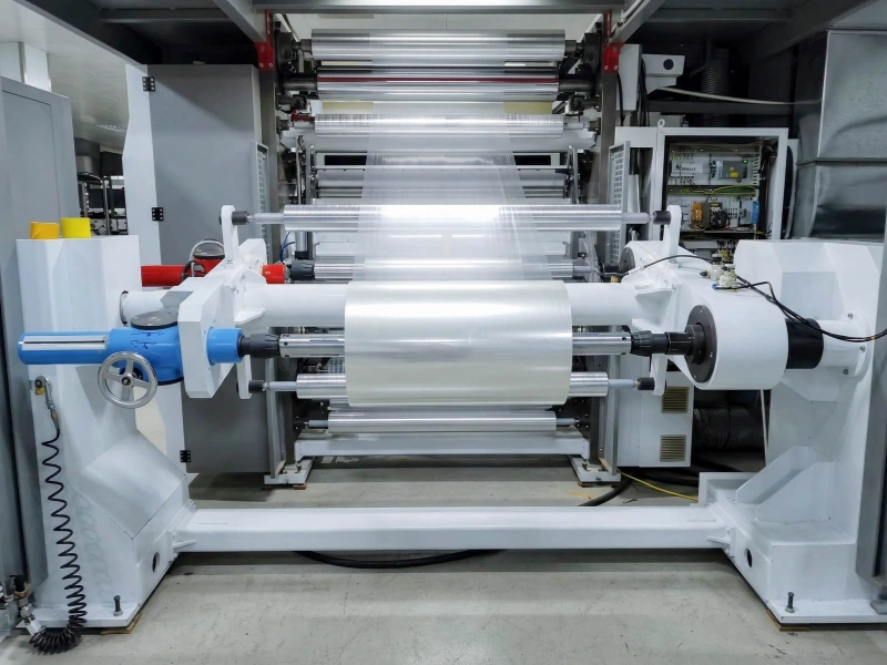 Clear plastic film being rewound on an industrial roller line