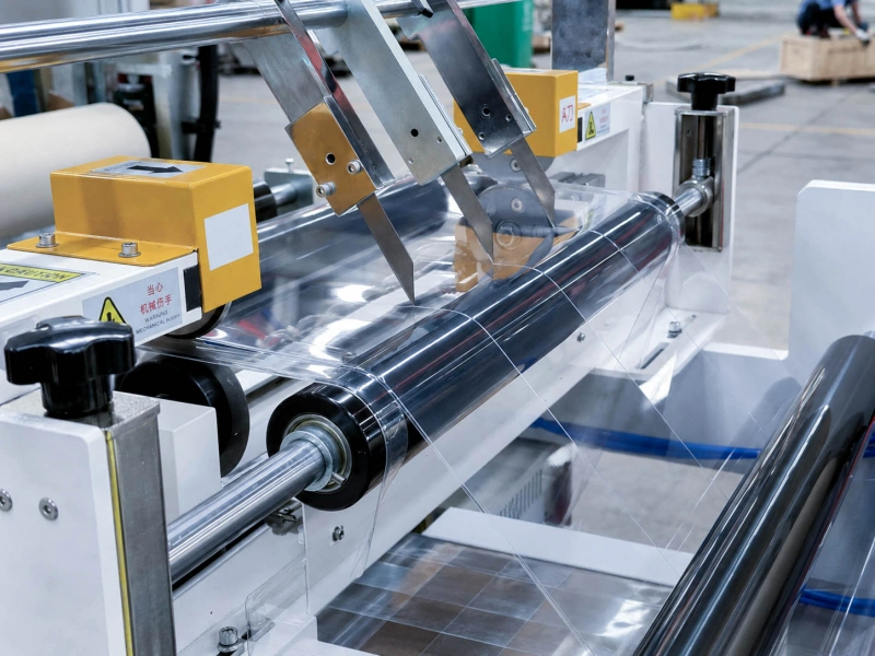Transparent plastic sheet running through a roller processing machine