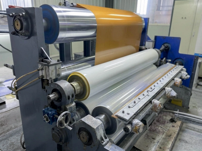 Color-coated aluminum coil running through an industrial coating line