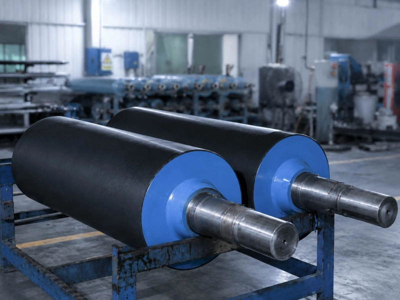 Two large black rubber rollers with blue end plates stored on a steel rack in a factory workshop