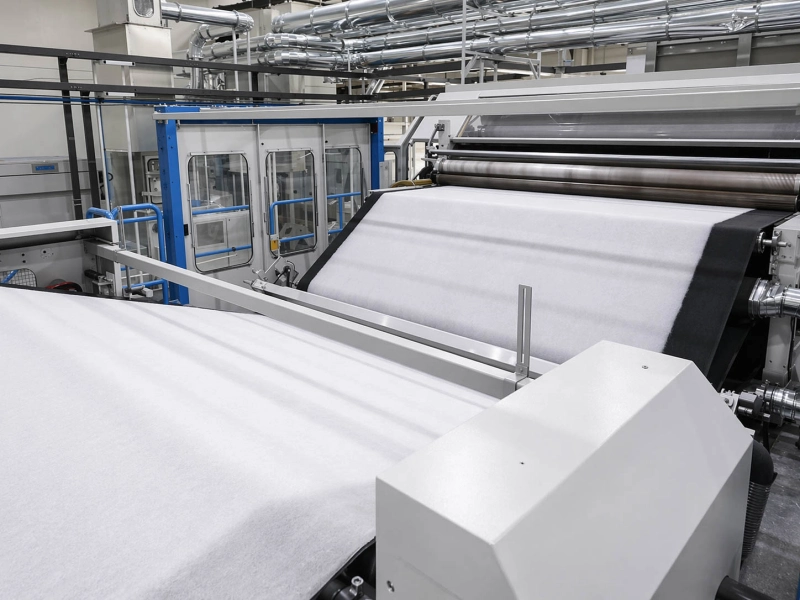 Spunlace nonwoven fabric running through an industrial roller line