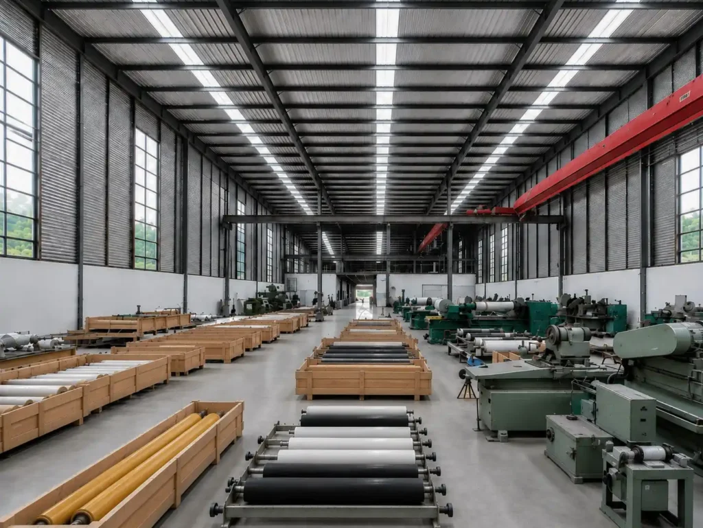 Belt Filter Press Pressure Roll Covers: Replacement Guide Industrial rubber roller manufacturing workshop with machining equipment and finished rollers